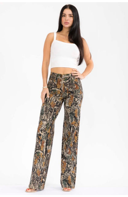 Women's Camouflage Print Wide Leg Pants, High Waist Casual Trousers, Forest Tree Pattern