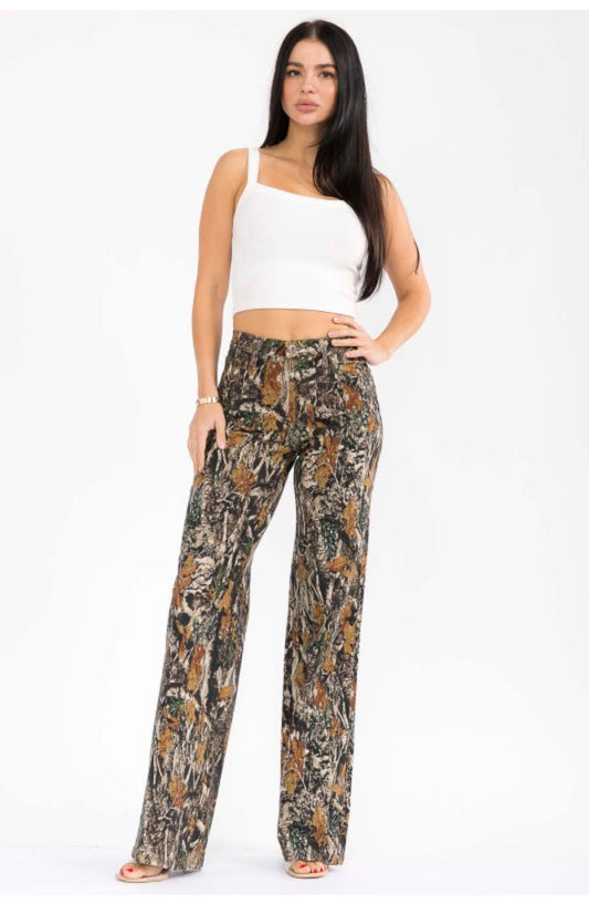 Women's Camouflage Print Wide Leg Pants, High Waist Casual Trousers, Forest Tree Pattern