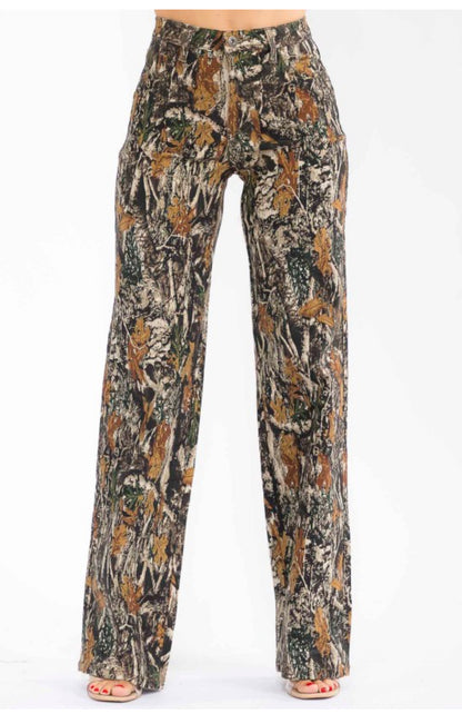 Women's Camouflage Print Wide Leg Pants, High Waist Casual Trousers, Forest Tree Pattern