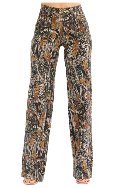 Women's Camouflage Print Wide Leg Pants, High Waist Casual Trousers, Forest Tree Pattern