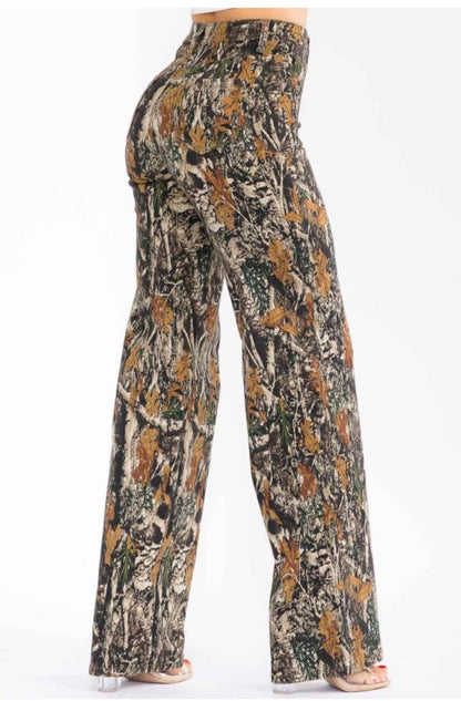 Women's Camouflage Print Wide Leg Pants, High Waist Casual Trousers, Forest Tree Pattern