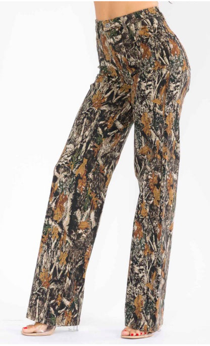 Women's Camouflage Print Wide Leg Pants, High Waist Casual Trousers, Forest Tree Pattern