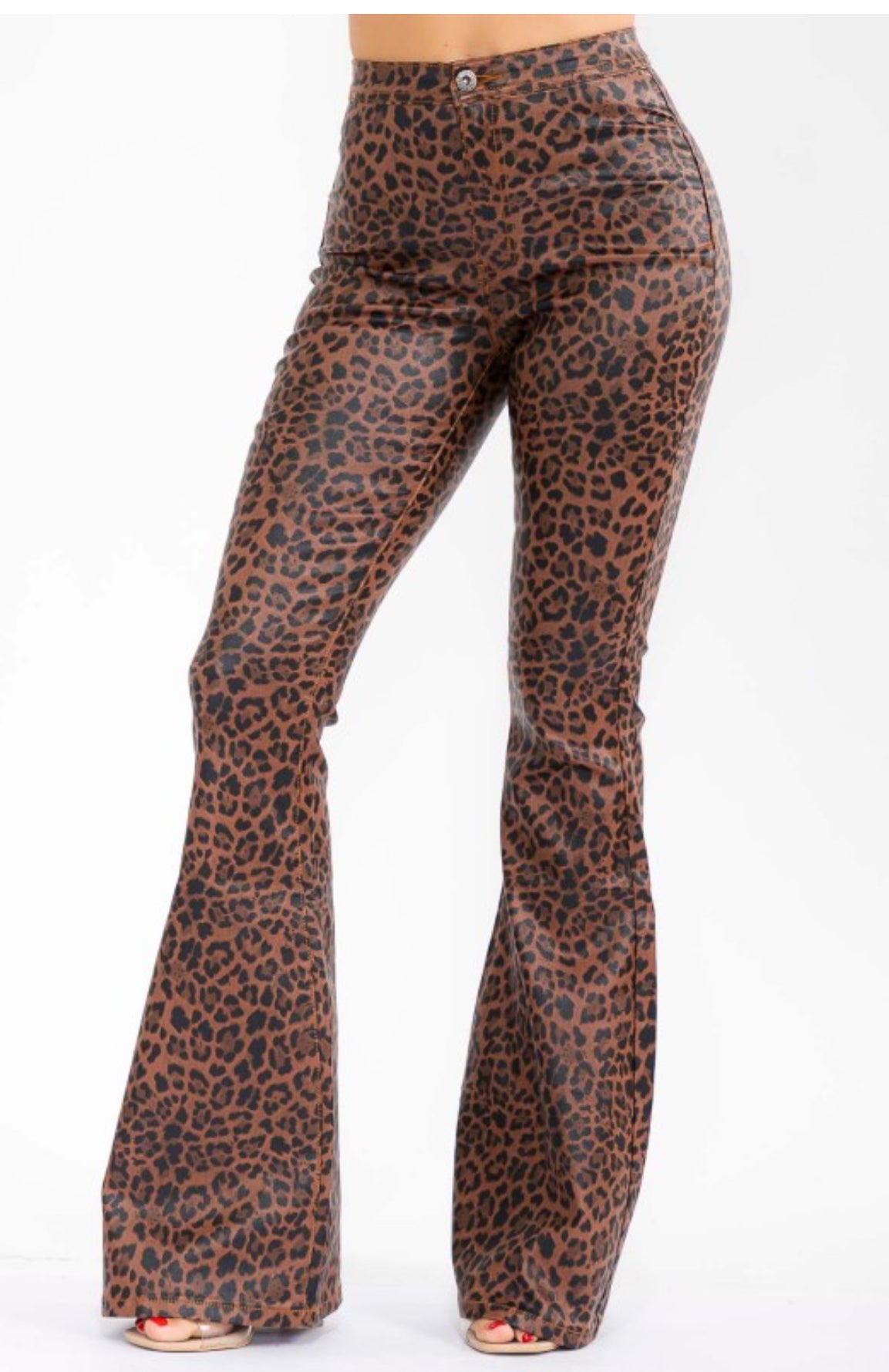 Women's High Waisted PU Leather Bell Bottom Pants,, Brown and Black Leopard Print Pattern