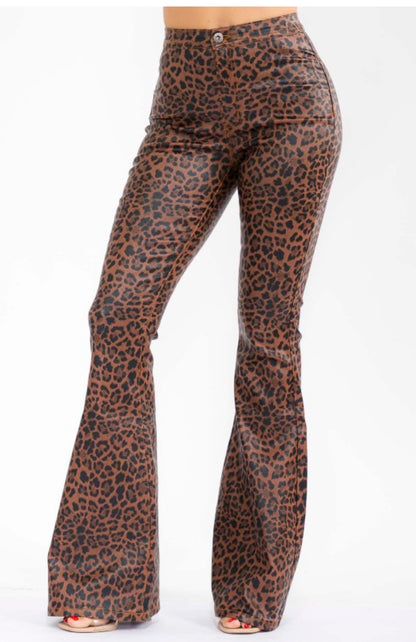 Women's High Waisted PU Leather Bell Bottom Pants,, Brown and Black Leopard Print Pattern
