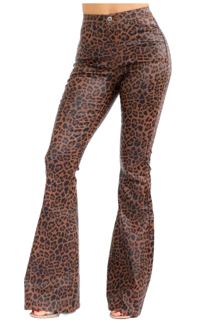 Women's High Waisted PU Leather Bell Bottom Pants,, Brown and Black Leopard Print Pattern