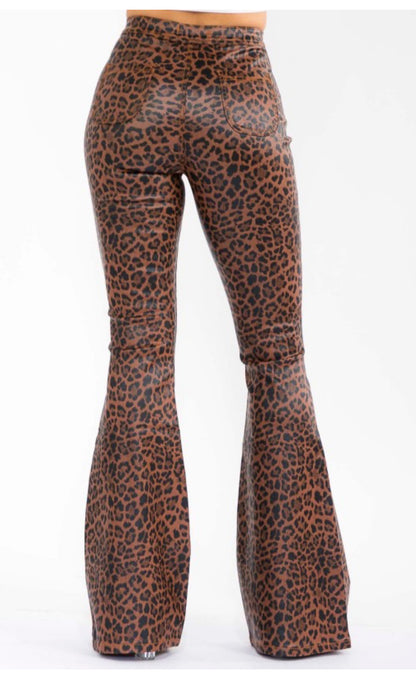 Women's High Waisted PU Leather Bell Bottom Pants,, Brown and Black Leopard Print Pattern