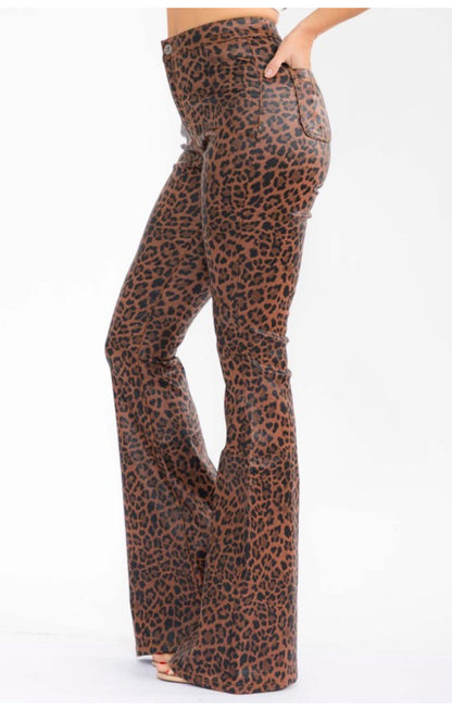 Women's High Waisted PU Leather Bell Bottom Pants,, Brown and Black Leopard Print Pattern