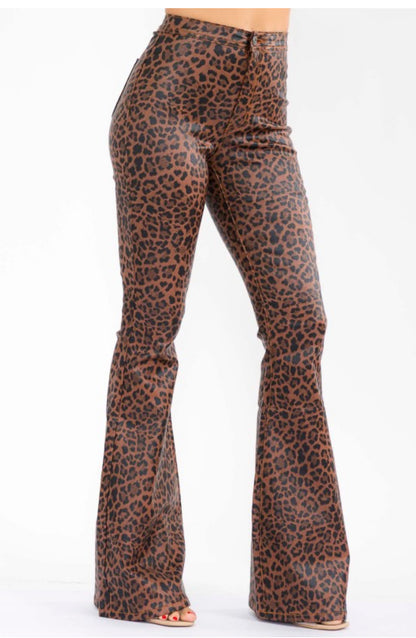 Women's High Waisted PU Leather Bell Bottom Pants,, Brown and Black Leopard Print Pattern