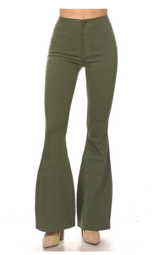 High Waist Flare Bottom Olive Jagging Jeans