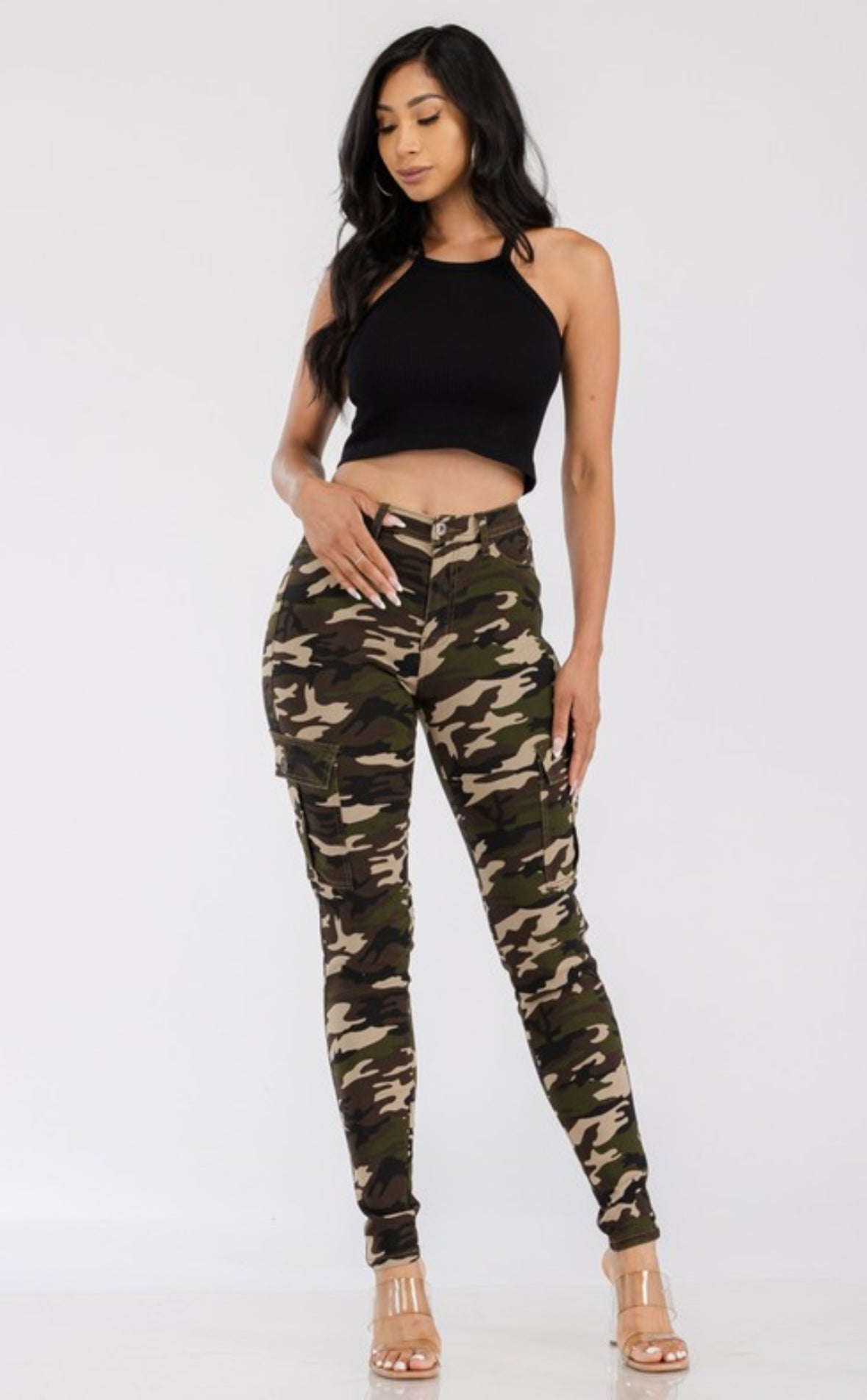 High Waist Jagging Jean with Side Cargo Pockets Camouflage