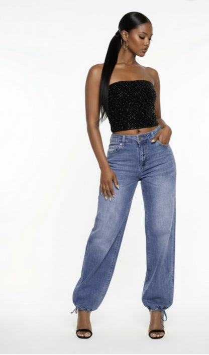 JC JQ Women's Wide Leg Denim High Rise Jeans with Drawstring Ankle Tie