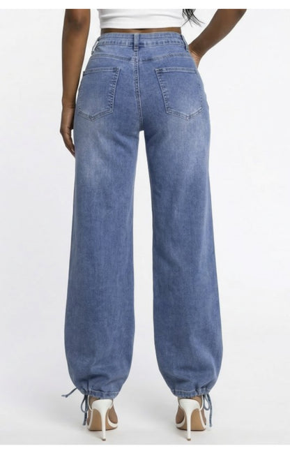 JC JQ Women's Wide Leg Denim High Rise Jeans with Drawstring Ankle Tie
