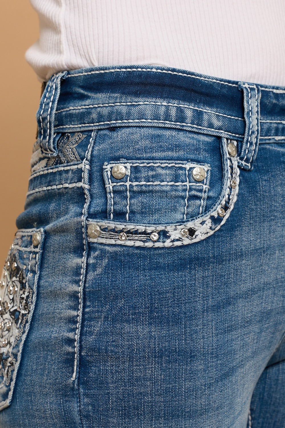 High Waist Embroidered Back Pocket Novelty Bootcut Jeans