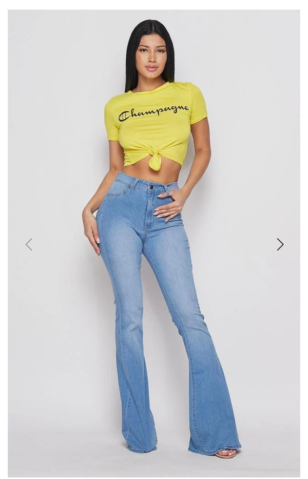 High Waist Flared Bottom Medium Blue Denim Jeans