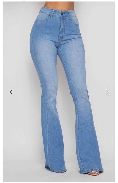 High Waist Flared Bottom Medium Blue Denim Jeans