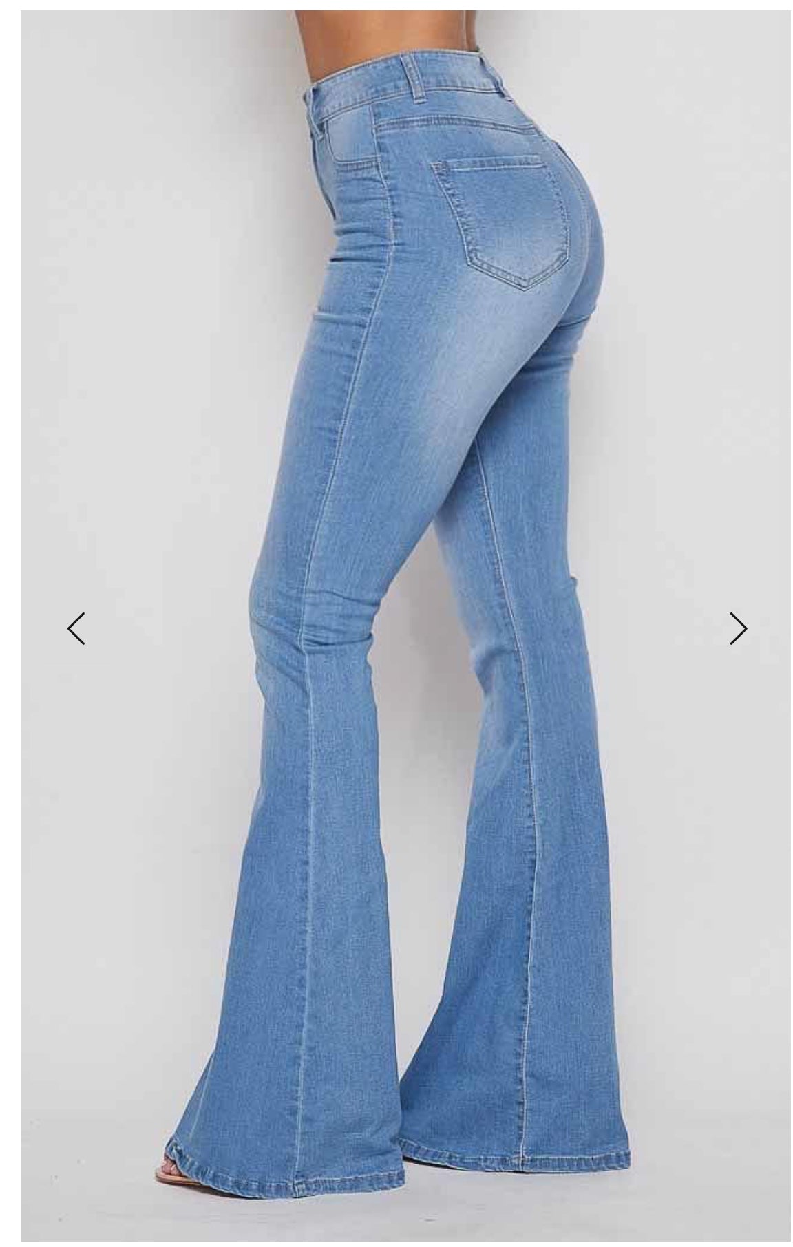 High Waist Flared Bottom Medium Blue Denim Jeans