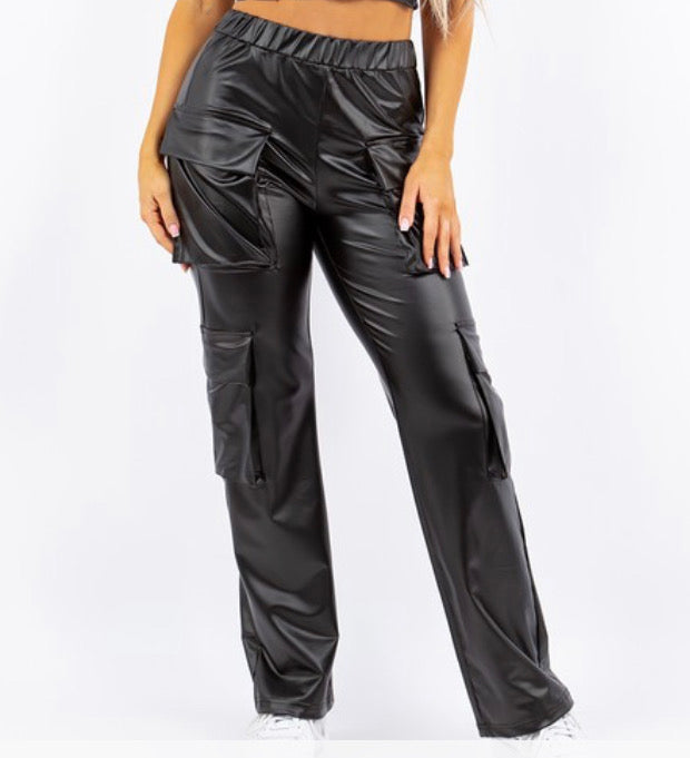 PU Leather Straight Cargo Pant for Women