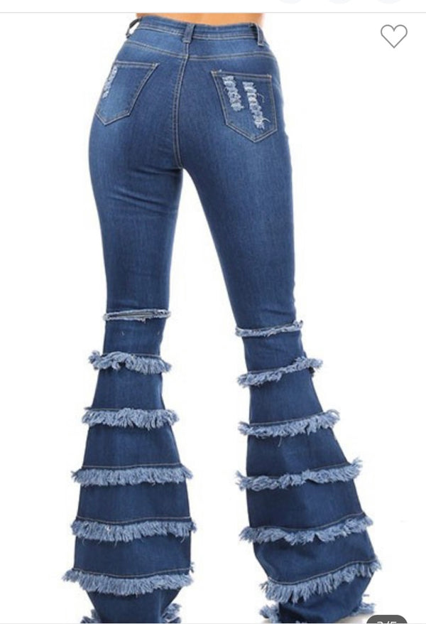 High Waist Distressed Bell Bottom Flared Denim Jeans With Circles