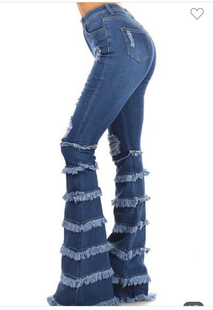 High Waist Distressed Bell Bottom Flared Denim Jeans With Circles