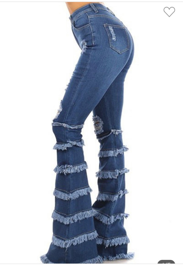 High Waist Distressed Bell Bottom Flared Denim Jeans With Circles