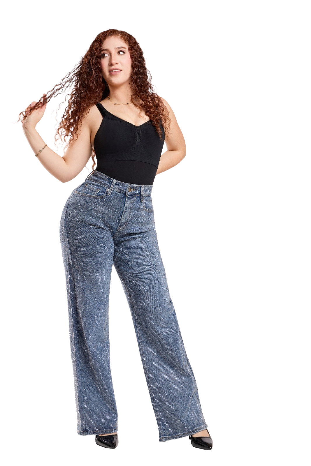 Women's Rhinestone All Over Wide Leg High Waist Stretch Blue Denim Jeans