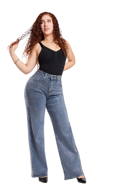 Women's Rhinestone All Over Wide Leg High Waist Stretch Blue Denim Jeans