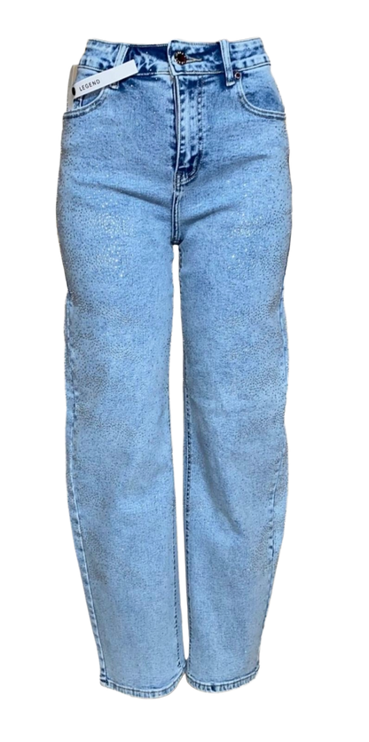Women's Rhinestone Wide Leg Barrel Shape Blue Denim Jeans