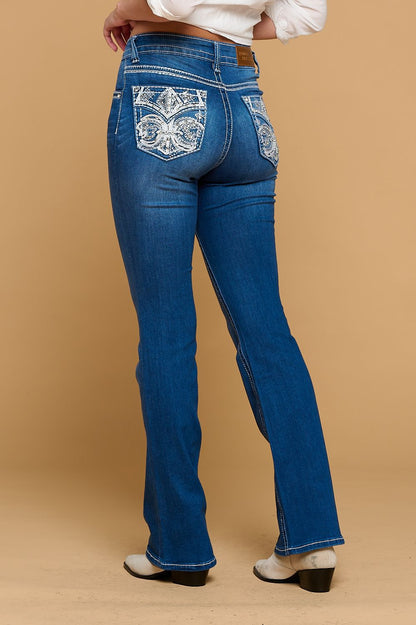 Women's High Waist Boot Cut Jeans with Embroidered Back Pockets