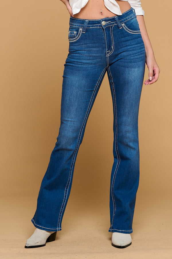 Women's High Waist Boot Cut Jeans with Embroidered Back Pockets