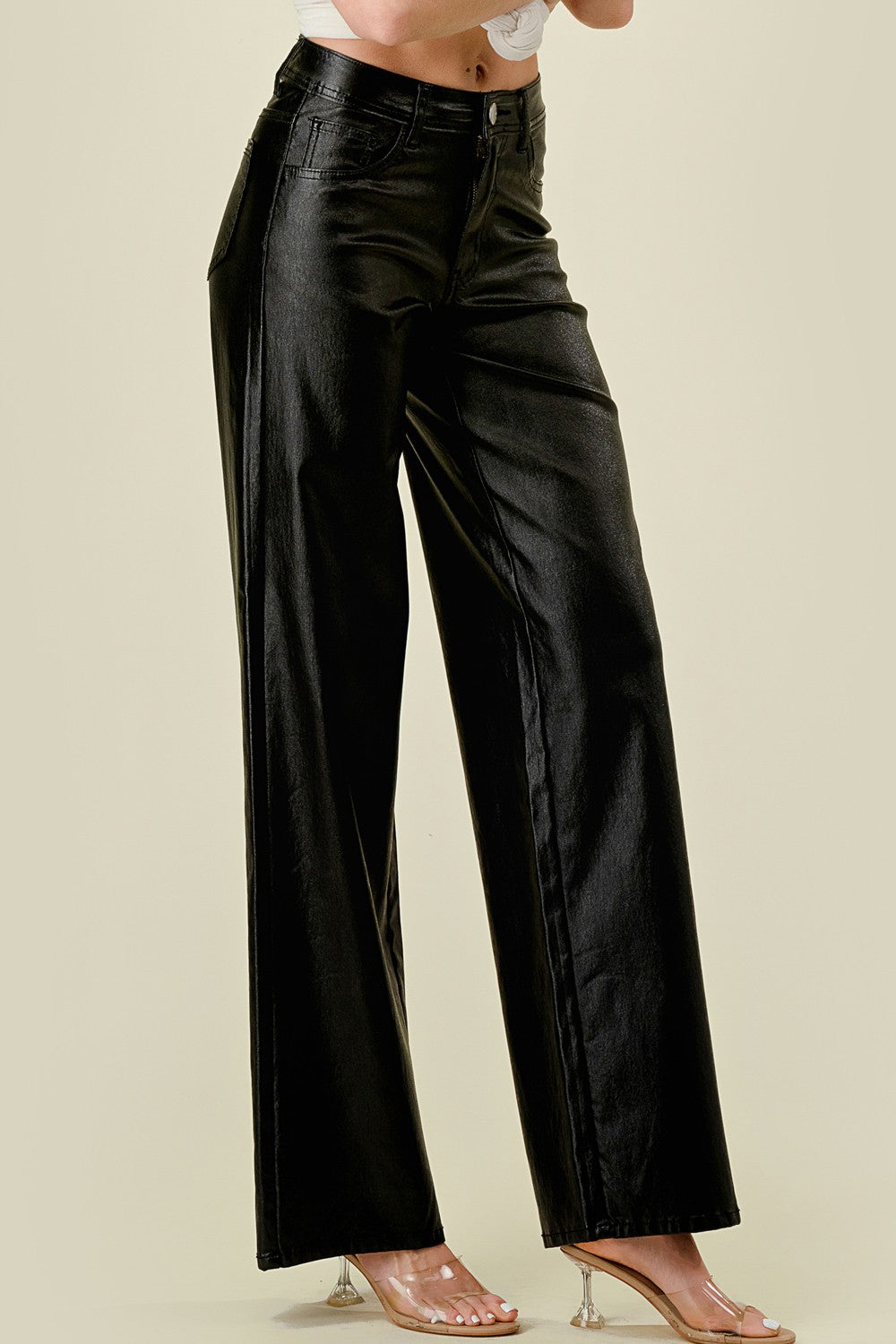High Waist Stretchy PU Leather Straight Pants