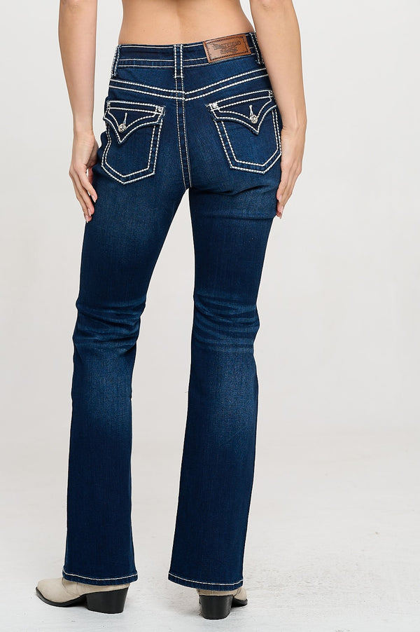 Women's High Waist Boot Cut Jeans with thick White Stitches