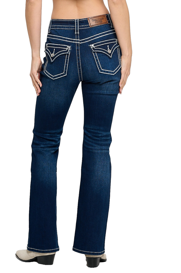 Women's High Waist Boot Cut Jeans with thick White Stitches