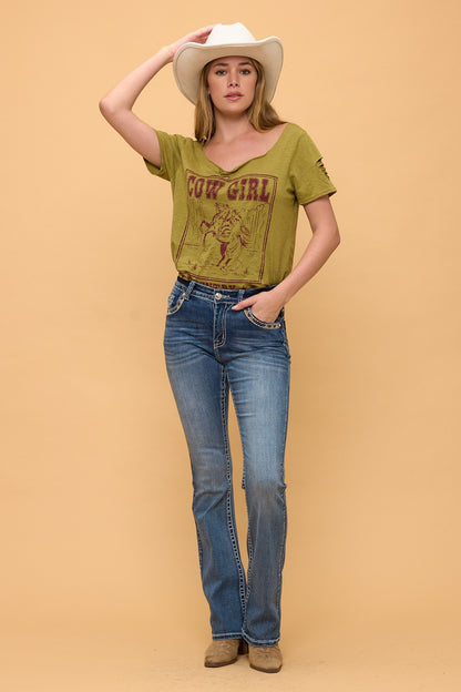 Women's High Waist Boot Cut Jeans with Embroidered Waist and Back Pockets