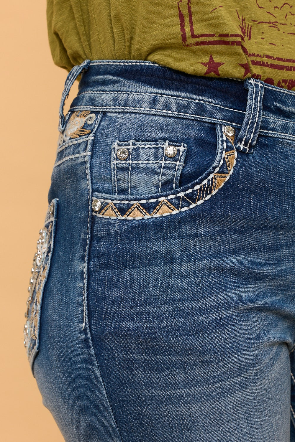 Women's High Waist Boot Cut Jeans with Embroidered Waist and Back Pockets