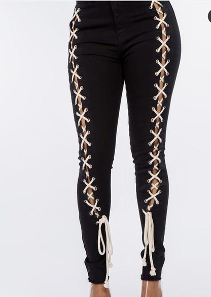 Denim Lace Up Leg High Waisted Jeans