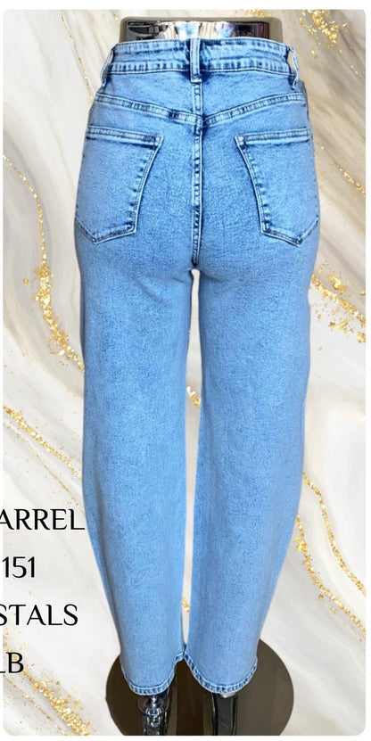 Women's Rhinestone Wide Leg Barrel Shape Blue Denim Jeans