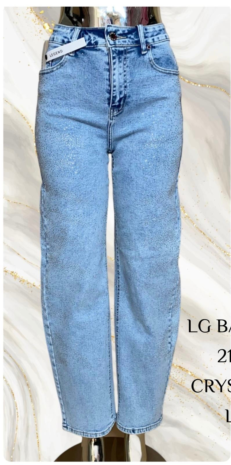 Women's Rhinestone Wide Leg Barrel Shape Blue Denim Jeans