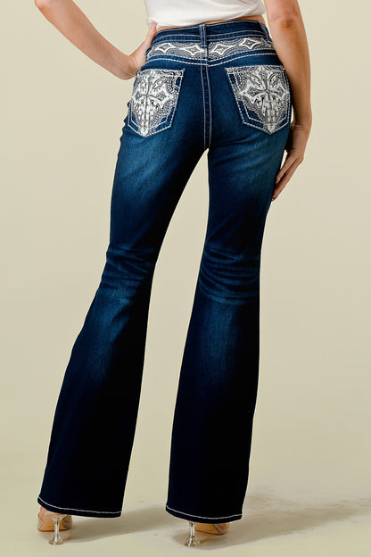 Women's High Waist Boot Cut Jeans with Embroidered Waist and Back Pockets