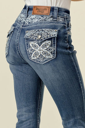 Women's High Waist Boot Cut Jeans, Embroided Waist and Back Pockets