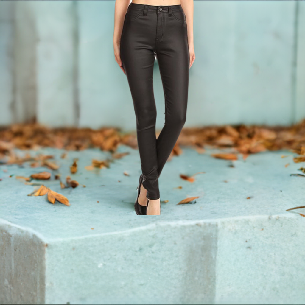 Black Faux Leather Stretch Jeans for Women