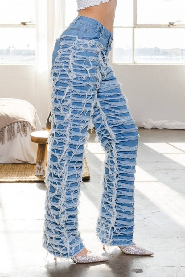 High Waist Distressed Straight Denim Mummy Jeans