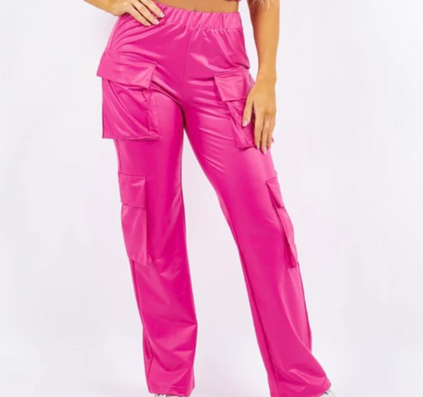 PU Leather Straight Cargo Pant for Women