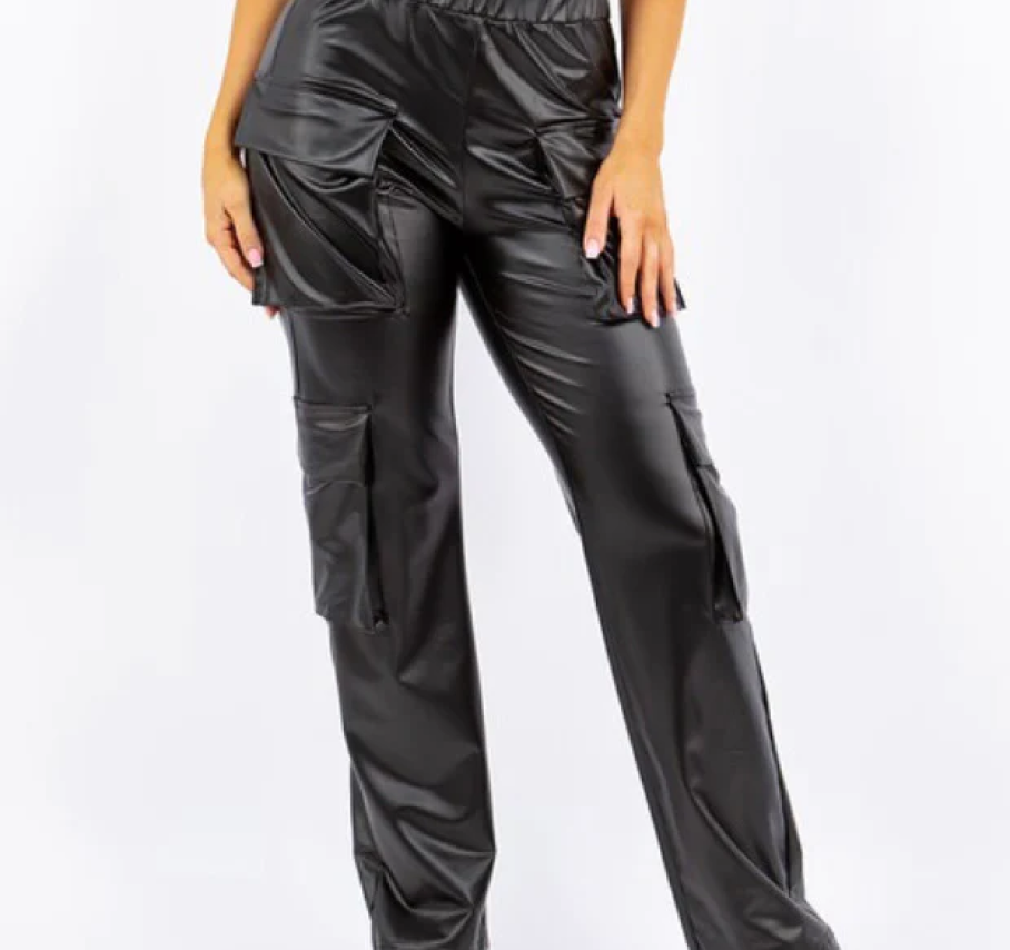 PU Leather Straight Cargo Pant for Women