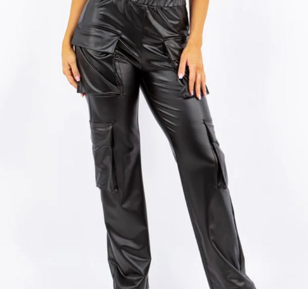 PU Leather Straight Cargo Pant for Women