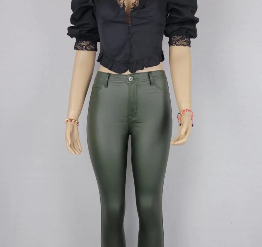 High Waist Faux leather Olive color Jean