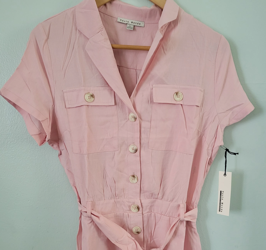 Collard Solid Belted Button- Down Romper