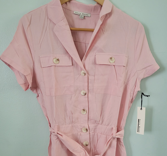 Collard Solid Belted Button- Down Romper