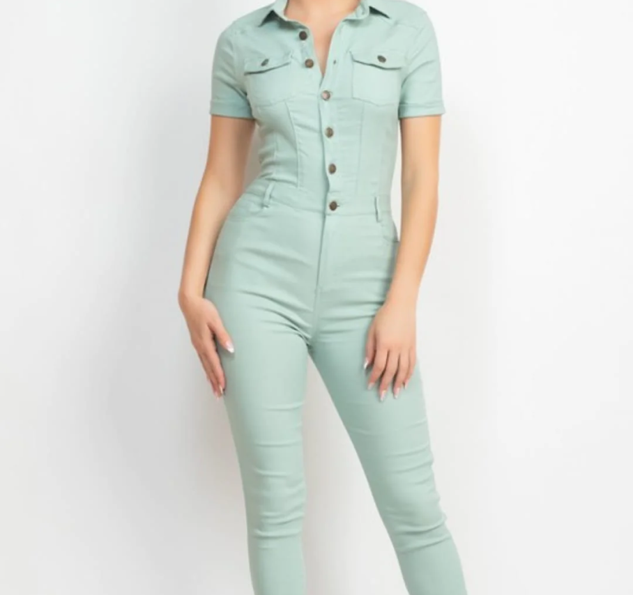 Collared Button-Down Cinched Jumpsuit