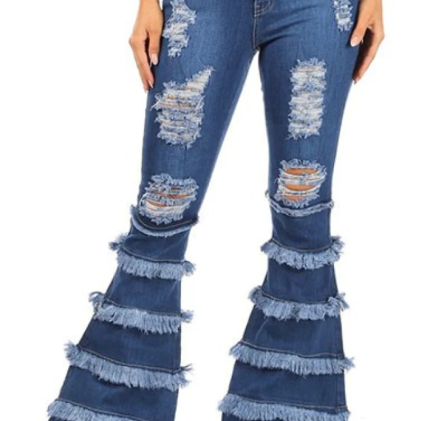 High Waist Distressed Bell Bottom Flared Denim Jeans With Circles
