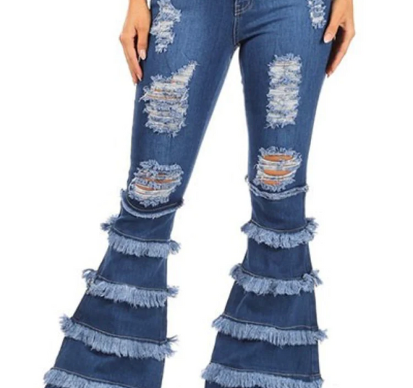 High Waist Distressed Bell Bottom Flared Denim Jeans With Circles